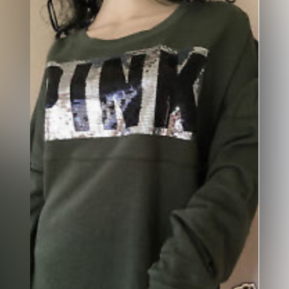 PINK VICTORIAS SECRET GREEN SEQUIN LONG SLEEVE SWEATSHIRT XS
